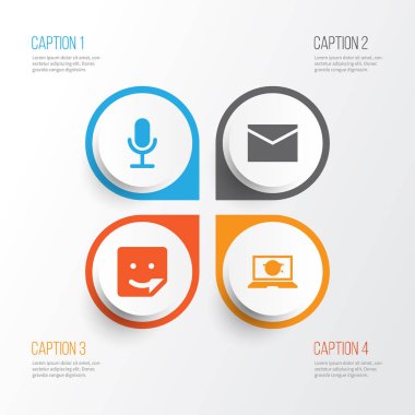 Internet simgeler kümesi. Mektup, dizüstü bilgisayar, görüntülü sohbet ve diğer öğeleri koleksiyonu. Ayrıca gülümseme, Video, zarf gibi simgeler içerir.