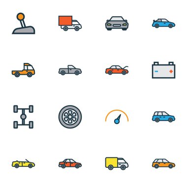 Araba renkli anahat simgelerini belirlemek. Cabriolet, karkas, kamyon ve diğer öğeleri koleksiyonu. Ayrıca kamyon, otomatik, karkas gibi simgeler içerir.
