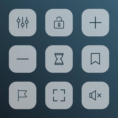 Anahat Icons Set Arabirimi. Unlock, tam ekran, hedef ve diğer öğeleri koleksiyonu. Ayrıca açık, eksi, sessizlik gibi simgeler içerir.