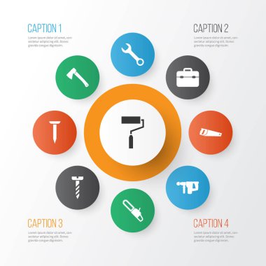 Araçlar simgeler kümesi. Spanner, el testeresi, boya öğeleri koleksiyonu. Ayrıca araç seti, boya, cıvata gibi simgeler içerir.