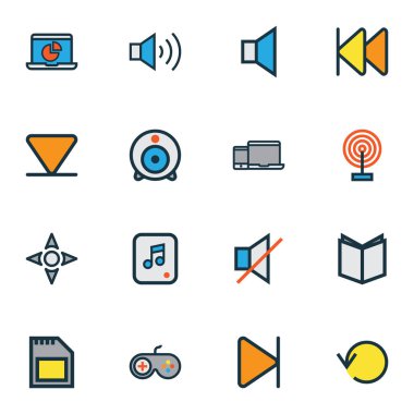 Medya renkli simgeler kümesi özetlenmiştir. Son'u, dosya, yenileme ve diğer öğeleri koleksiyonu. Ayrıca kamera, kart, ekran gibi simgeler içerir.