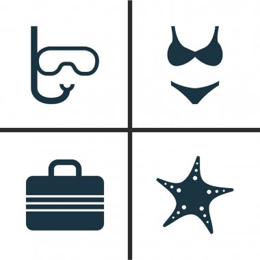 Yaz Icons Set. Bikini, gözlük, Bagaj ve diğer öğeleri koleksiyonu. Ayrıca balık, valiz, çanta gibi simgeler içerir.
