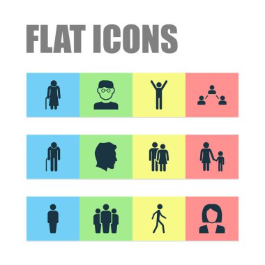İnsan Icons Set. Erkek, büyükbaba, Aile öğeleri koleksiyonu. Erkek, grubu başkanı olarak da simgeler içerir.