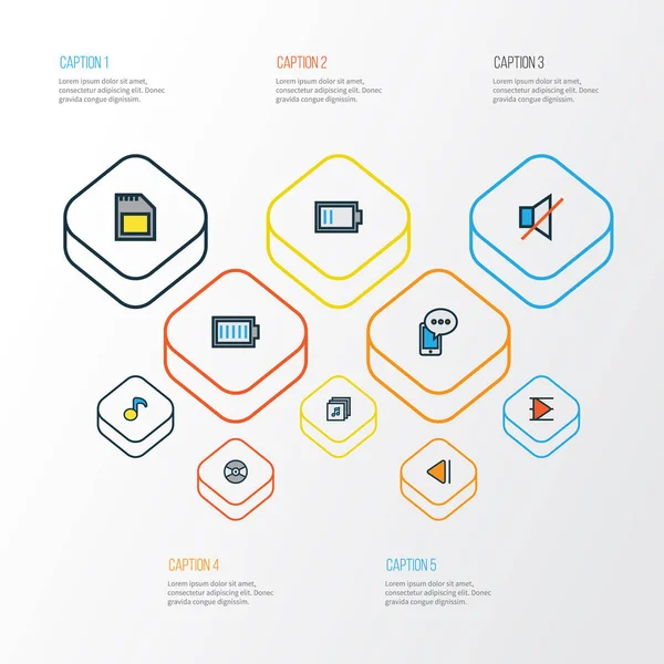 Medya renkli simgeler kümesi özetlenmiştir. Ücret, tam dolu pil, önceki ve diğer öğeleri koleksiyonu. Ayrıca disk, Quaver, vinil gibi simgeler içerir.