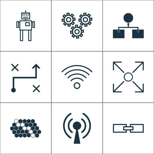 Robotik-Ikonen gesetzt. Sammlung von Lösungen, Verzweigungsprogramm, Radiowellen und anderen Elementen. enthält auch Symbole wie Netzwerk, Wi-Fi, Pfeil. — Stockvektor