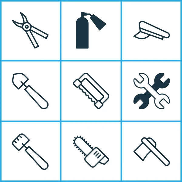 Strumenti Icone Set. Collezione di scoop, pompiere, copricapo e altri elementi. Include anche simboli come potatura, pinzette, sega . — Vettoriale Stock