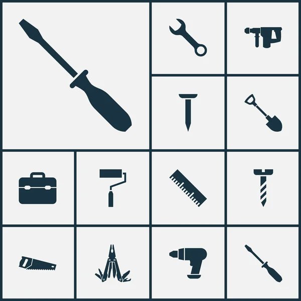 Handwerkzeuge Icons gesetzt. Sammlung von Schraubendreher, Handsäge, Lackelementen. beinhaltet auch Symbole wie Ausrüstung, Werkzeugkiste, Tasche. — Stockvektor