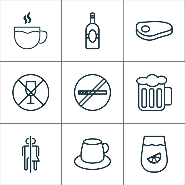 Comer Ícones Set. Coleção de bife, Stop Smoke, álcool proibido e outros elementos. Também inclui símbolos como copo, banheiro, limonada . — Vetor de Stock