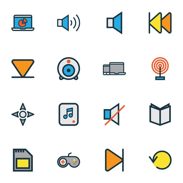 Media kleurrijke schetsen Icons Set. Collectie van afwerking, bestand, vernieuwen en andere elementen. Ook symbolen zoals Camera, kaart, Display. — Stockvector