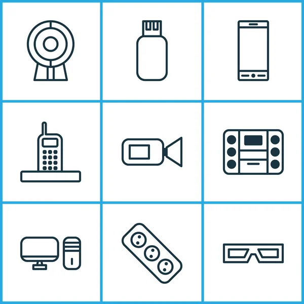 Conjunto de iconos Gadget. Colección de cable de extensión, gafas, USB y otros elementos. También incluye símbolos tales como cable, zócalo, video . — Vector de stock
