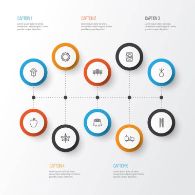 Icons Set Bahçe. Agrimotor, buğday, merdiven ve diğer öğeleri koleksiyonu. Ayrıca tohum, Sonbahar, tahıl gibi simgeler içerir.