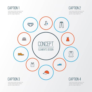 Giysi renkli anahat simgeler kümesi. Yelek, çorap, iç çamaşırı ve diğer öğeleri koleksiyonu. Pantolon, bot, giymek gibi semboller de içerir.