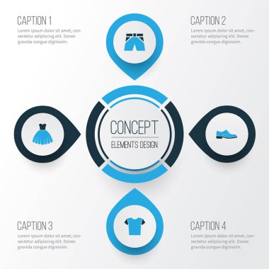 Giysi renkli simgeler kümesi. Şort, gece elbisesi, T-Shirt ve diğer öğeleri koleksiyonu. Ayrıca özetleri, elbise, elbise gibi simgeler içerir.