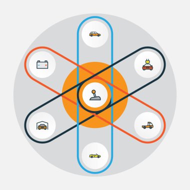 Otomobil renkli anahat simgelerini belirlemek. Pikap, elektrik, spor ve diğer öğeleri koleksiyonu. Ayrıca Başbakan, taşıyıcı, ücret gibi simgeler içerir.