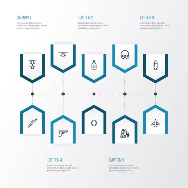 Ordu anahat simgelerini belirlemek. Uçak, kesici, atış ve diğer öğeleri koleksiyonu. Ayrıca, helikopter, kaçak, silah gibi simgeler içerir.