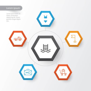 Icons Set seyahat. Teğmen, havza merdiven, güvenlik Bagaj ve diğer öğeleri koleksiyonu. Ayrıca Bikini, güvenli, iç çamaşırı gibi simgeler içerir.