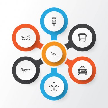 Taşıma simgeler kümesi. Üniversite taşıma, hava taşımacılığı, araba araç ve diğer öğeleri koleksiyonu. Ayrıca Havacılık, otobüs, ışıklar gibi simgeler içerir.