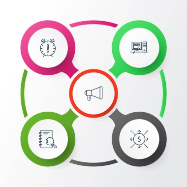 Proje simgeler kümesi. Bilgisayar, zaman yönetimi, duyuru ve diğer öğeleri koleksiyonu. Ayrıca bilgisayar, son tarih, çalışma alanı gibi simgeler içerir.