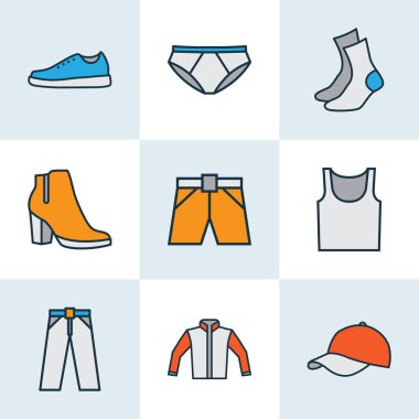 Renkli Anahat Icons Set elbise. Çorap, iç çamaşırı, pantolon ve diğer öğeleri koleksiyonu. Ayrıca külotlu, şort, topuklar gibi simgeler içerir.