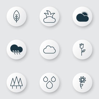 Doğa Icons Set. Su damlaları, ayçiçeği, Bush ve diğer öğeleri koleksiyonu. Ayrıca ahşap, güneşli, Sevgililer gibi simgeler içerir.