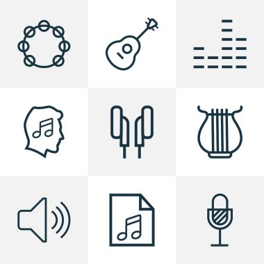 Multimedya anahat simgelerini belirlemek. Timbrel, yaylı, kulaklık ve diğer öğeleri koleksiyonu. Ayrıca dizeleri, liste, mikrofon gibi simgeler içerir.