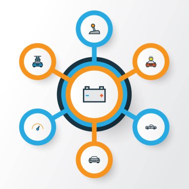 Otomatik Renkli Anahat simgelerini belirlemek. Elektrik, yıkama, akü ve diğer öğeleri koleksiyonu. Ayrıca dişli, hız, pikap gibi simgeler içerir.