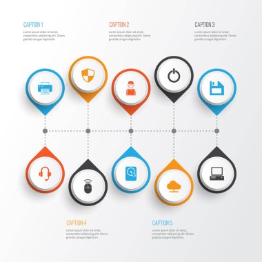 Aracı Icons Set. Bilgisayar fare, savunma, kulaklık ve diğer öğeleri koleksiyonu. Ayrıca ağaç, makine, yazdırma gibi simgeler içerir.