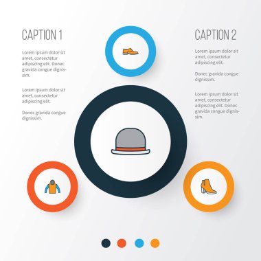 Giysi renkli anahat simgeler kümesi. Sweatshirt, erkek ayakkabı, kadın çizme ve diğer öğeleri koleksiyonu. Ayrıca Fedora, kadın, bot gibi simgeler içerir.