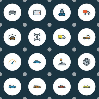 Otomatik Renkli Anahat simgelerini belirlemek. Otomobil, sürücü, kamyon ve diğer öğeleri koleksiyonu. Ayrıca düzeni, Sedan, Van gibi simgeler içerir.