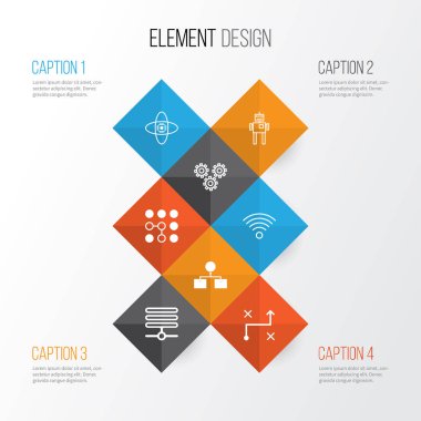 Icons Set öğrenme. Bilgisayar sorunları, Bilgi Bankası, kablosuz iletişim ve diğer öğeleri koleksiyonu. Ayrıca Wifi, bilgisayar, algoritma gibi simgeler içerir.