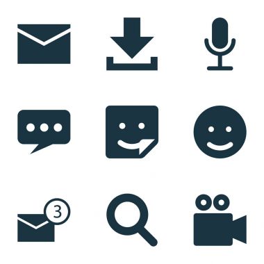 Internet simgeler kümesi. Aşağı ok, gülümseme, Büyüteç'i ve diğer öğeleri koleksiyonu. Ayrıca gülümseme, arama, Emoji gibi simgeler içerir.