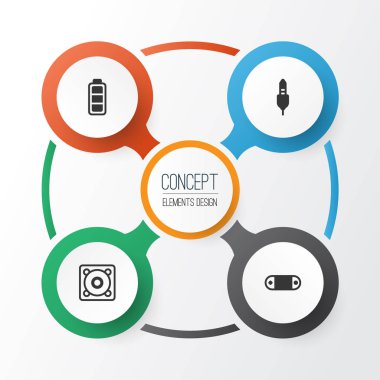 Bilgisayar simgeleri ayarlayın. Radyo seti, Aux kablosu, akümülatör işareti ve diğer öğeleri koleksiyonu. Ayrıca Stereo, kablosuz, hoparlör gibi simgeler içerir.