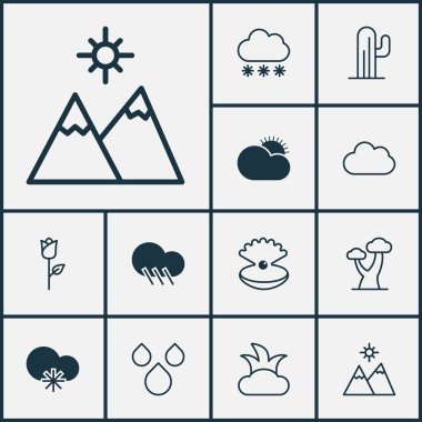 Dünya Icons Set. Bulut, yağmur damlası, meşe ve diğer öğeleri koleksiyonu. Ayrıca kar, çiçek, güneşli gibi simgeler içerir.