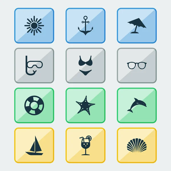 Sun Icons Set. Colección de Sea Star, Bikini, gafas y otros elementos. También incluye símbolos como sombrilla, playa, gafas de sol . — Archivo Imágenes Vectoriales
