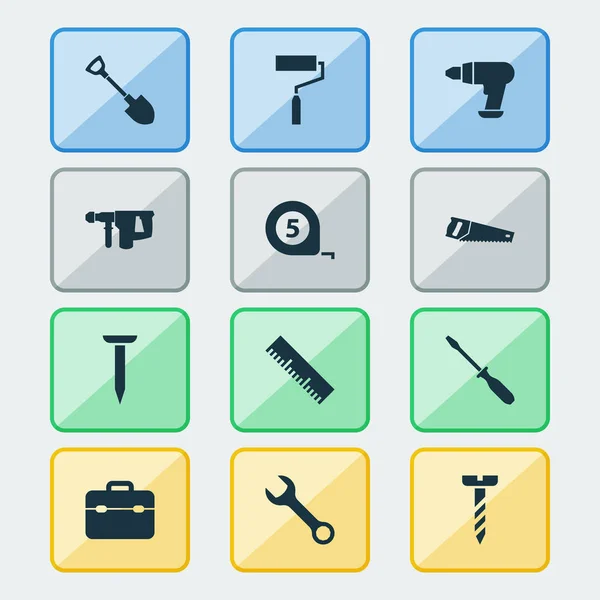 Handtools Icons Set. Collection Of Paint, Digging, Spanner And Other Elements. Also Includes Symbols Such As Drill, Ruler, Brush. — Stock Vector