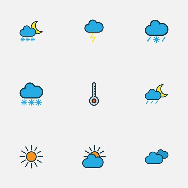 Набор ярких иконок погоды. "Collection Of Cloudburst, Lunar, Scale And Other Elements". Также включает в себя такие символы, как пасмурный, термометр, облако . — стоковый вектор