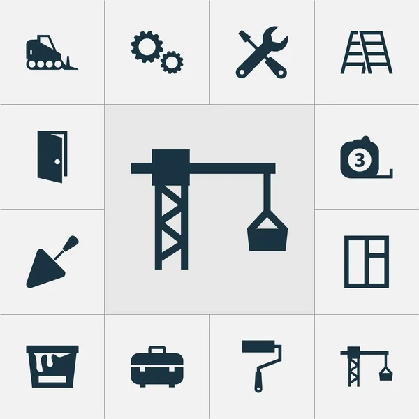 Bausymbole gesetzt. Sammlung von Maßwerkzeugen, Treppen, Farbwalzen und anderen Elementen. beinhaltet auch Symbole wie Leiter, Wand, Treppe. — Stockvektor