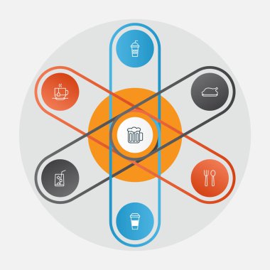 Restoran Icons Set. Sıcak bir içecek, limon suyu, tavuk kızartma ve diğer öğeleri koleksiyonu. Ayrıca suyu, gümüş, tavuk gibi simgeler içerir.