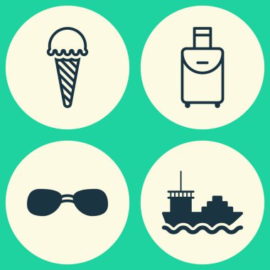 Turizm Icons Set. Seyahat çanta, kargo tekne, yaz koleksiyonu öğeleri gözlük. Ayrıca nakliye krem, cam, gibi simgeler içerir.