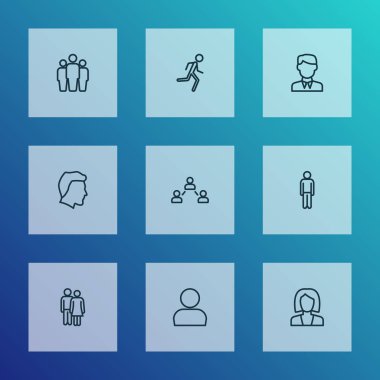 İnsan anahat simgelerini belirlemek. Takım, sosyal ilişkiler, işçi ve diğer öğeleri koleksiyonu. Ayrıca sembolleri gibi koş, işkadını, alt içerir.