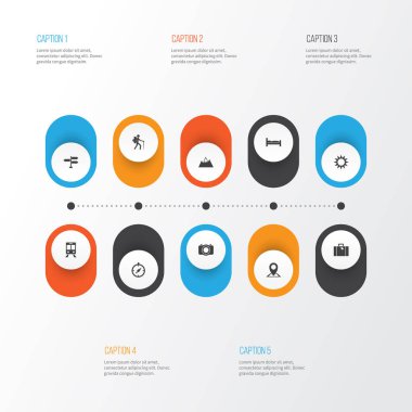 Yolculuk Icons Set. Demiryolu taşıma, konumu, çanta ve diğer öğeleri koleksiyonu. Ayrıca sembolleri gibi içerir güneşli, ok, tren.