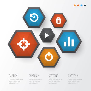 Icons Set Arabirimi. Düğme, geri dönüşüm, sütun ve başka öğeler topluluğu. Ayrıca başlangıç, çöp, hedef gibi simgeler içerir.