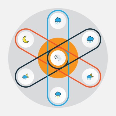 Hava renkli anahat simgeler kümesi. Kasırga, rüzgarlı, Puslu ve diğer öğeleri koleksiyonu. Ayrıca fırtına, kar, ay gibi simgeler içerir.
