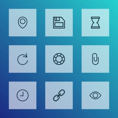 Anahat Icons Set Arabirimi. Gösteri, koleksiyonu iliştirdiğinizde, konum ve diğer öğeler. Ayrıca hayatımı kurtardın, PIN, kum saati gibi simgeler içerir.