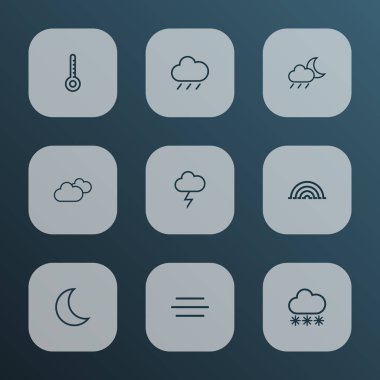 Hava anahat simgeler kümesi. Yağmur, fırtınalı topluluğu, yağmur fırtınası ve diğer öğeleri. Ayrıca Rüzgar, gece, sıcaklık gibi simgeler içerir.