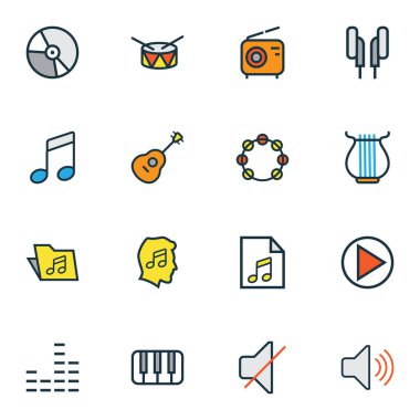 Multimedya renkli anahat simgelerini belirlemek. Ses, kulaklık, dizeleri ve diğer öğeleri koleksiyonu. Ayrıca daire, düzeyi, ses gibi simgeler içerir.