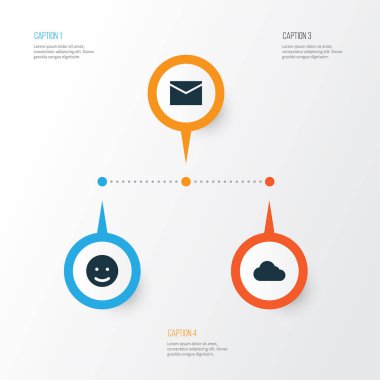 Medya Icons Set. Bulutlu, gülümseme, mektup ve diğer öğeleri koleksiyonu. Ayrıca yüz, Emoji, mesaj gibi simgeler içerir.