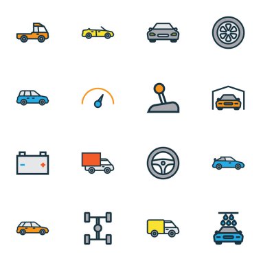 Otomobil renkli anahat simgelerini belirlemek. Çamaşır, spor, Cabriolet ve diğer öğeleri koleksiyonu. Ayrıca pikap, Araba, araba gibi simgeler içerir.