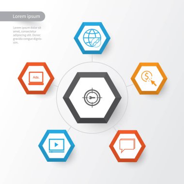 Reklam Icons Set. Anahtar kelime Pazarlama, Ppc, Video oynatıcı ve diğer öğeleri koleksiyonu. Ayrıca Video, görüntü, bina gibi simgeler içerir.