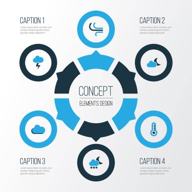 Hava renkli simgeler kümesi. Blizzard, kaçak içki, Rüzgar ve diğer öğeleri koleksiyonu. Ayrıca cıvata, Bora, termostat gibi simgeler içerir.